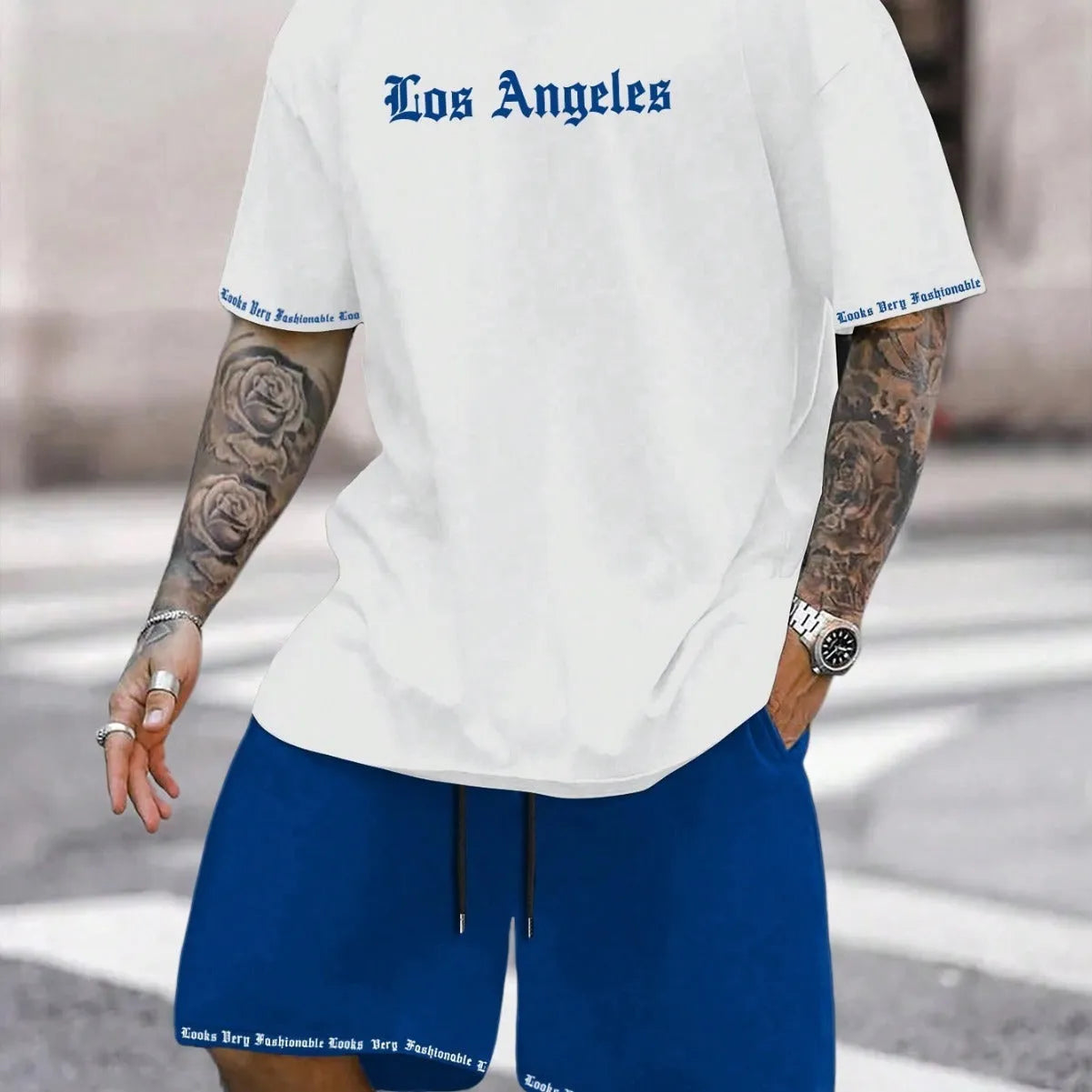 Men's printed sports shorts suit with short-sleeved top in multiple colour options