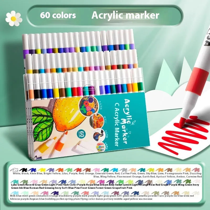 Acrylic marker pen set with multicoloured plastic bodies for student colour painting projects