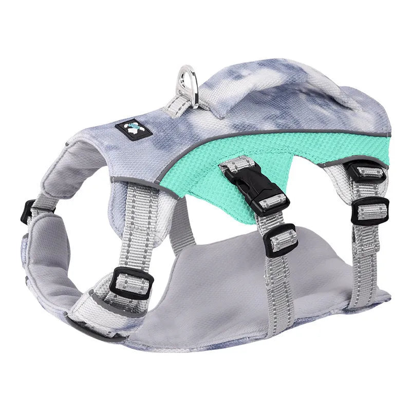 Reflective polyester chest strap for dogs in light blue, shown on a pet.