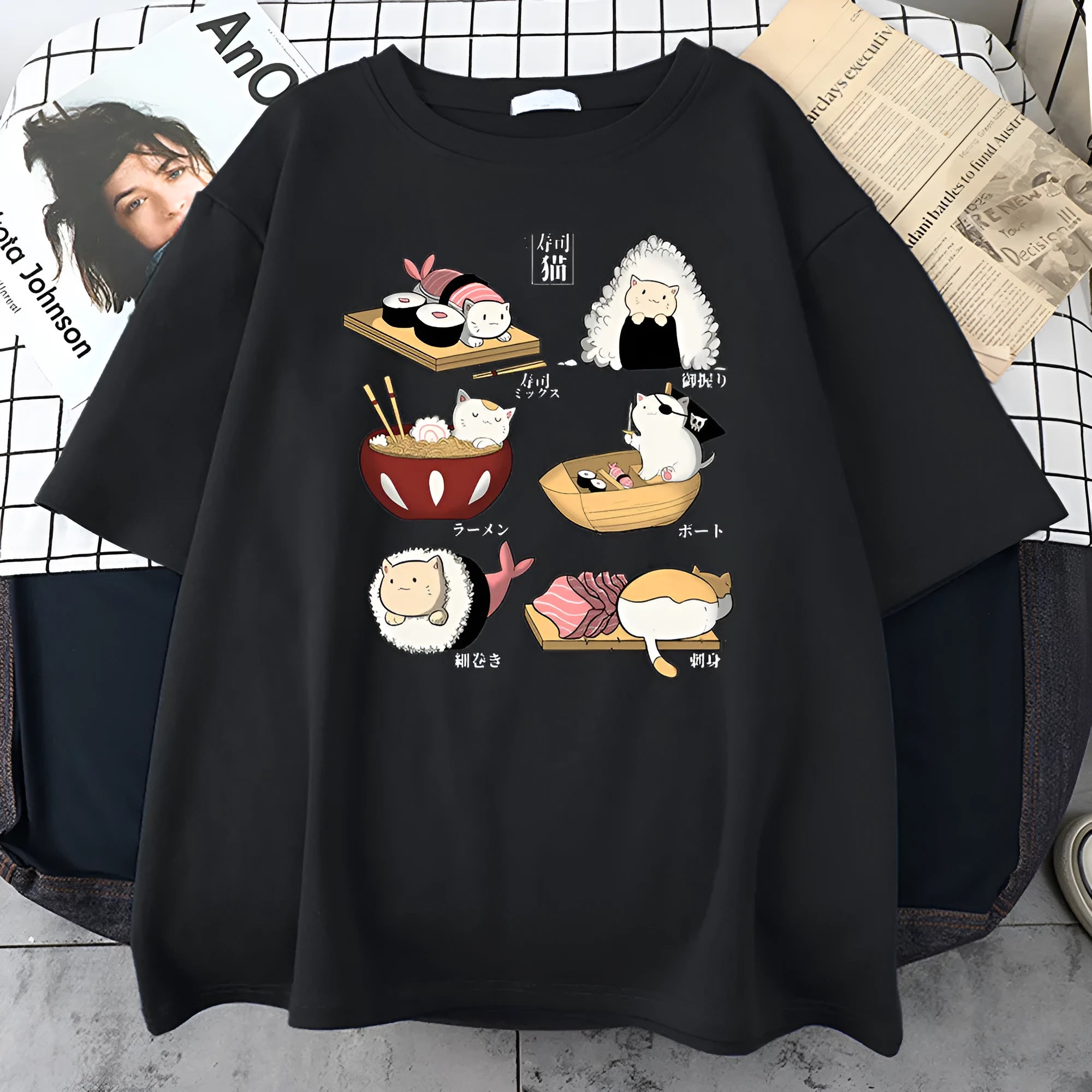 Men's cotton short sleeve T-shirt with printed cartoon sushi and cat design in loose fit