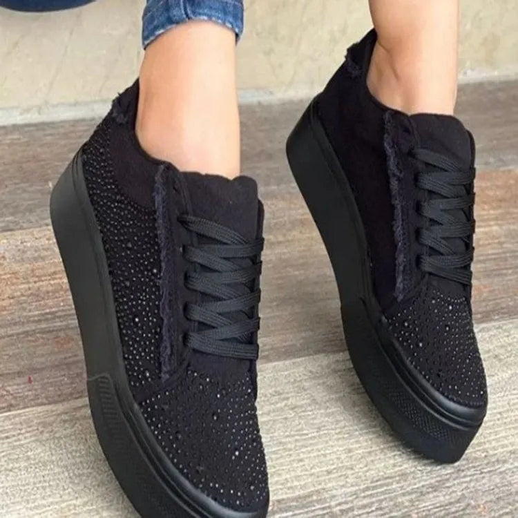Women's black casual sports shoes with rhinestones, thick rubber sole, and front lace-up