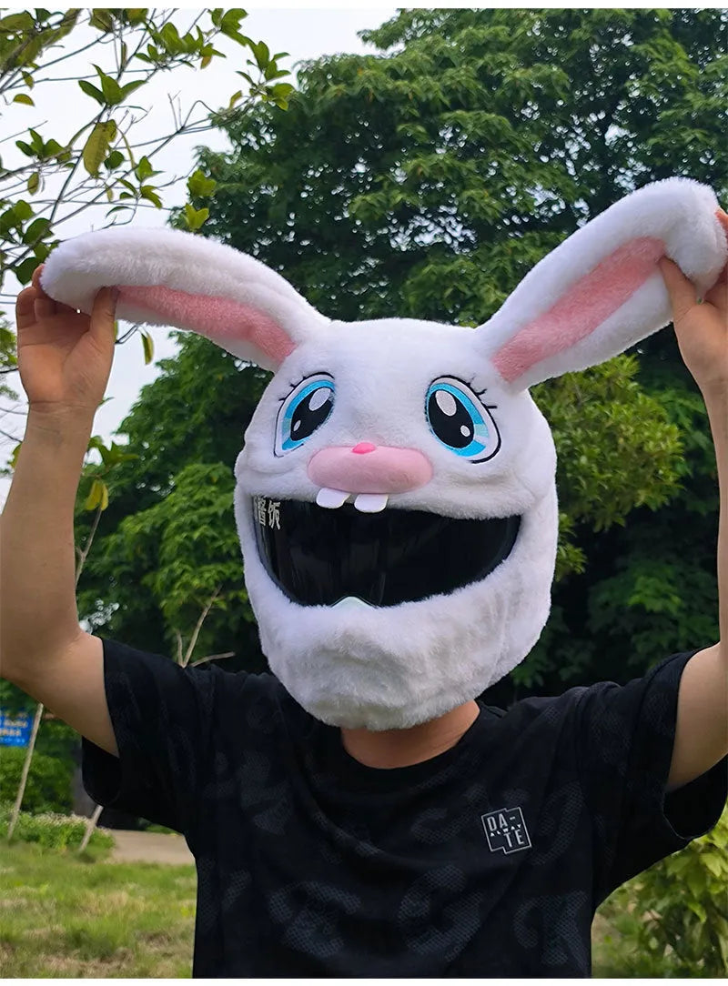 White rabbit head decorative cover for electric motorcycle helmet with plush lining