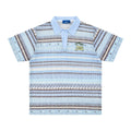 Man wearing a blue printed loose-fit short sleeve casual shirt made from polyester fabric.