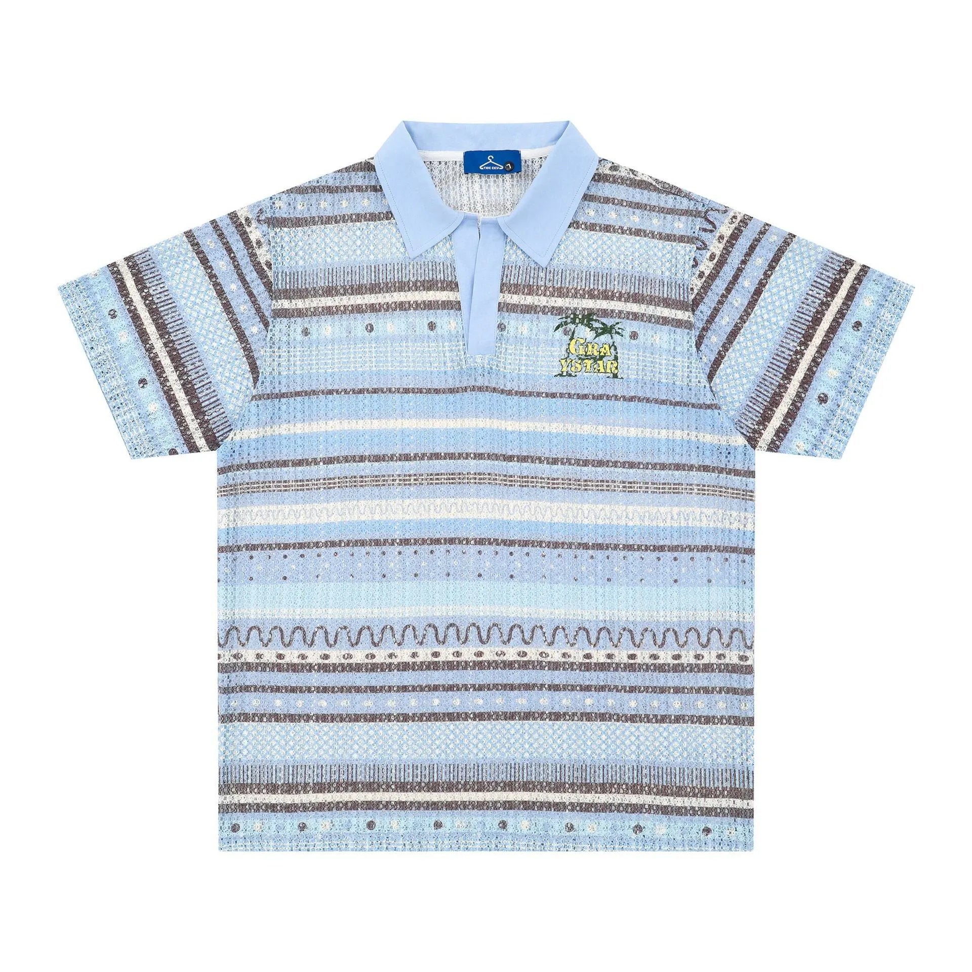Man wearing a blue printed loose-fit short sleeve casual shirt made from polyester fabric.