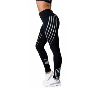 Women's black and white glow-in-the-dark fitness leggings with slim-fit pencil pants design