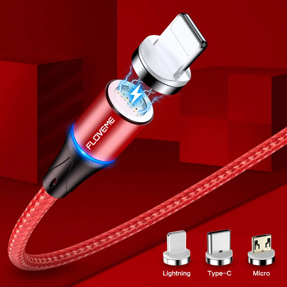 3A fast charge magnetic data cable with LED indicators in black, red, or silver colours