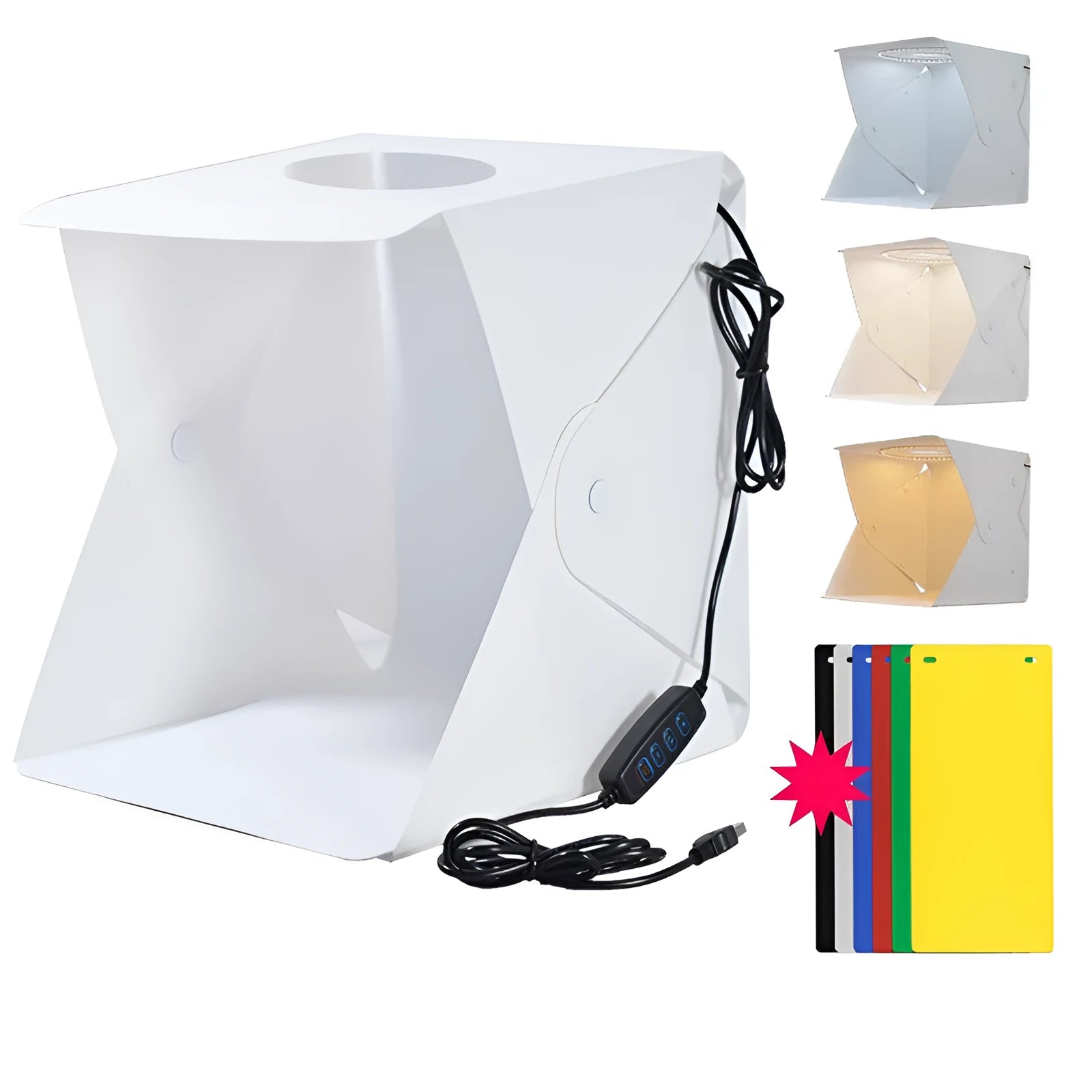 40cm folding studio LED fill light soft box with six colour background cloths for product photography