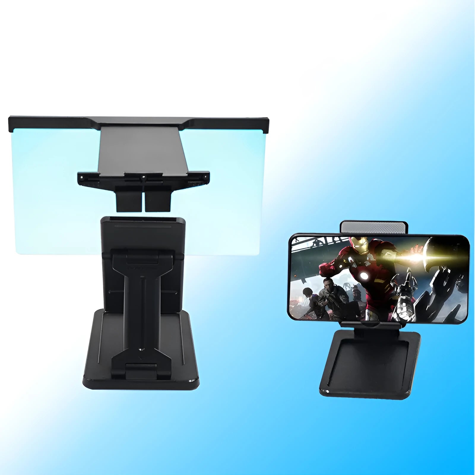 Black L20 split mobile phone screen magnifier with acrylic lens and separate mounting bracket on a table