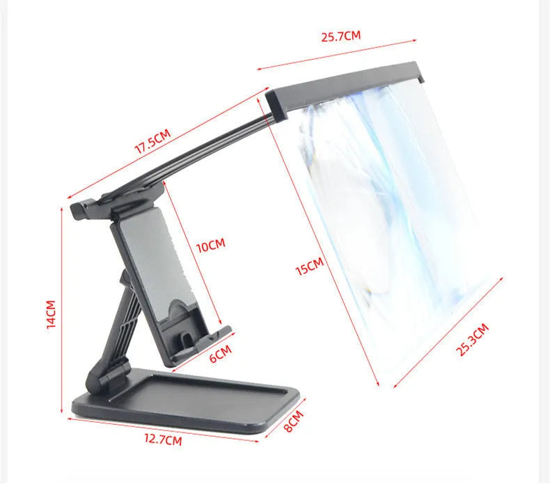 Black L20 split mobile phone screen magnifier with acrylic lens and separate mounting bracket on a table