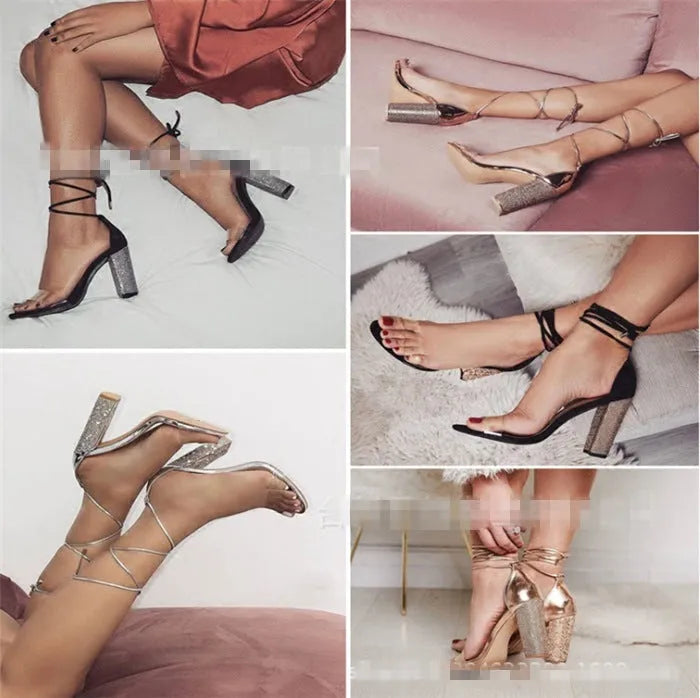 Black and gold plastic high heels with pointed toe design on size display