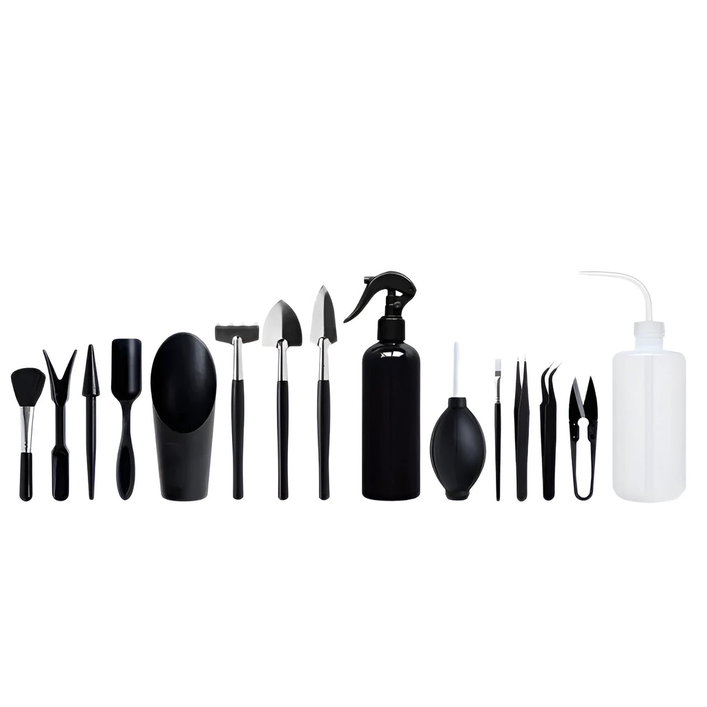 Black plastic metal mini garden tools set with 15 pieces for succulent and indoor plant care