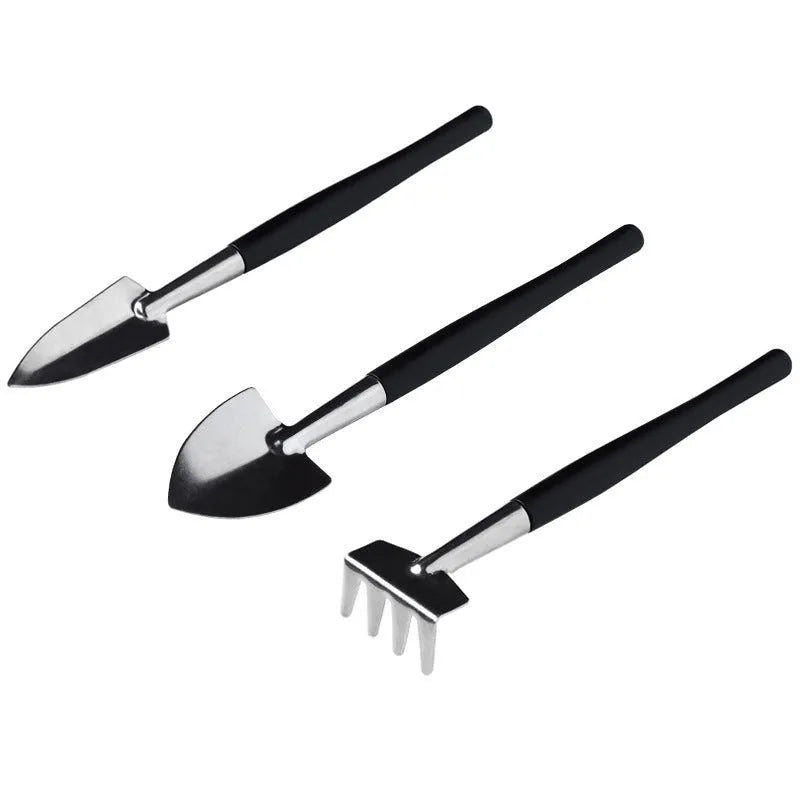 Black plastic metal mini garden tools set with 15 pieces for succulent and indoor plant care