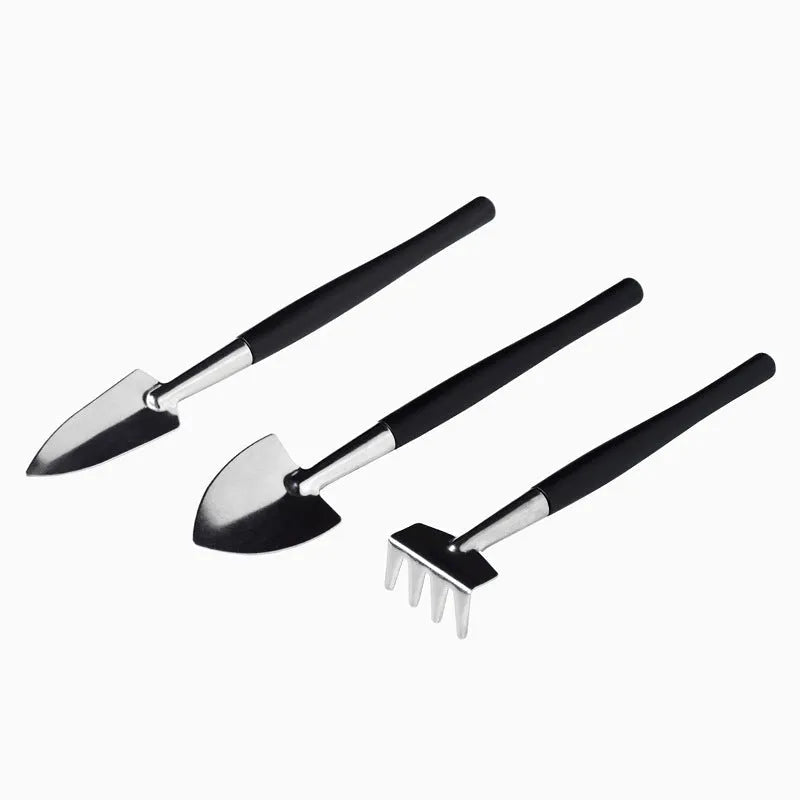 Black plastic metal mini garden tools set with 15 pieces for succulent and indoor plant care