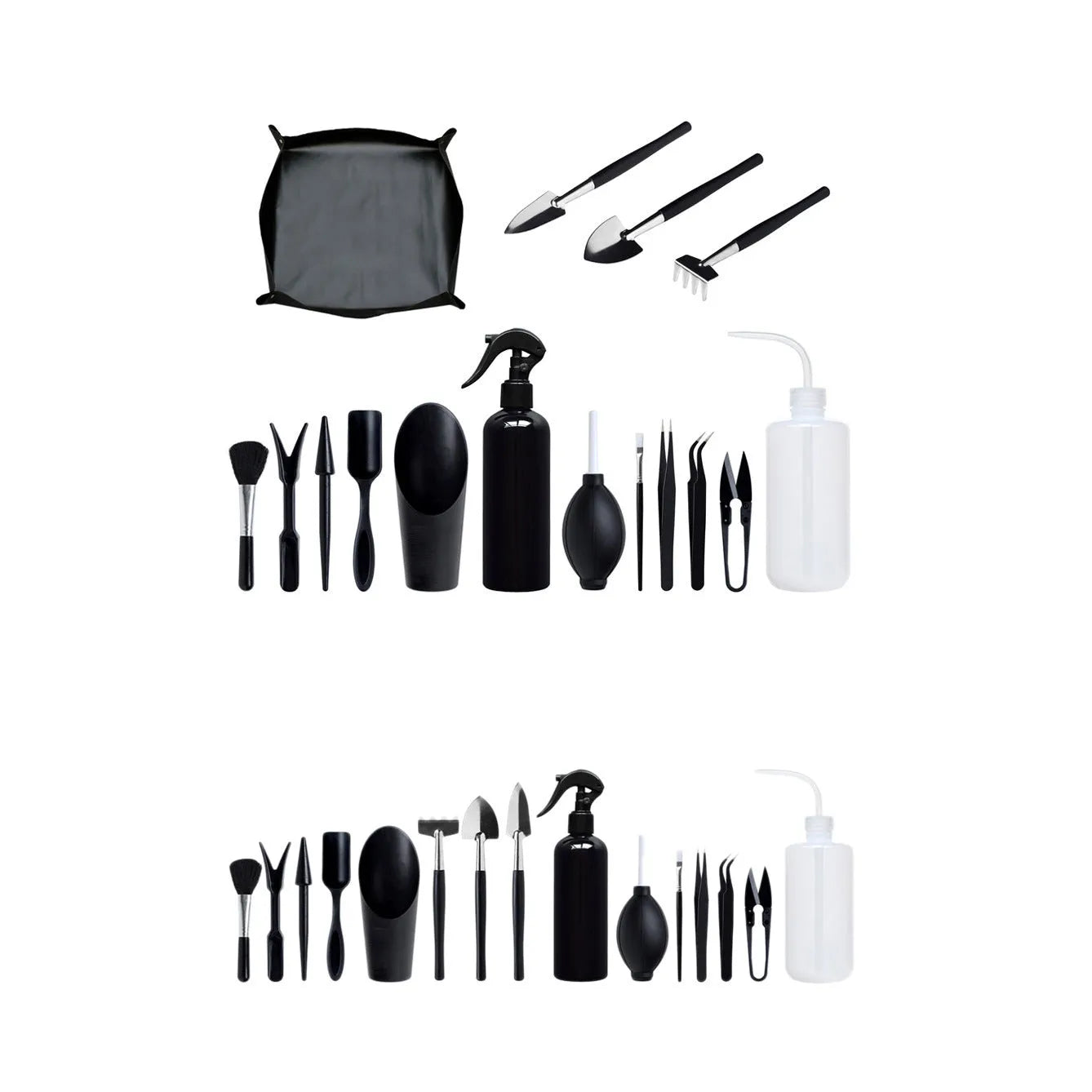 Black plastic metal mini garden tools set with 15 pieces for succulent and indoor plant care