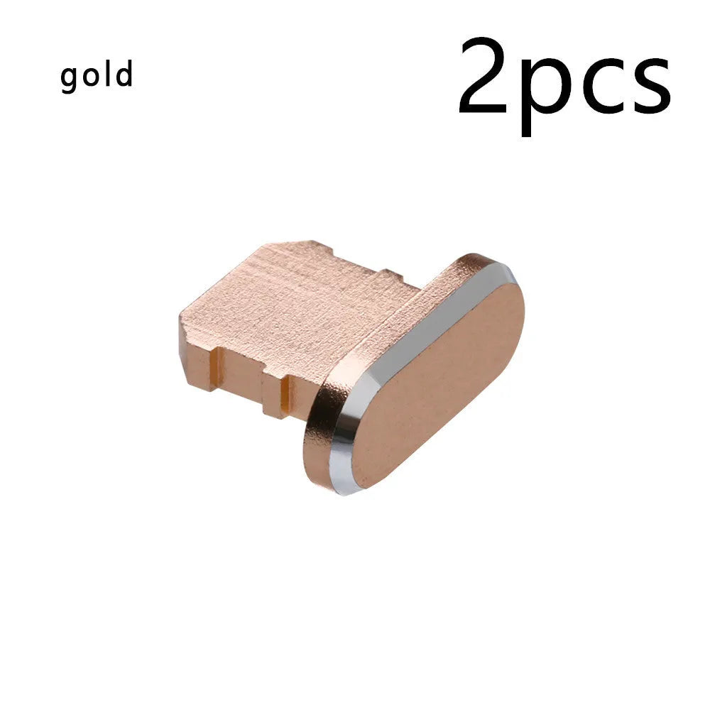 Aluminium alloy dust plug for iPhone charging port in various colours including gold, silver, and rose gold.
