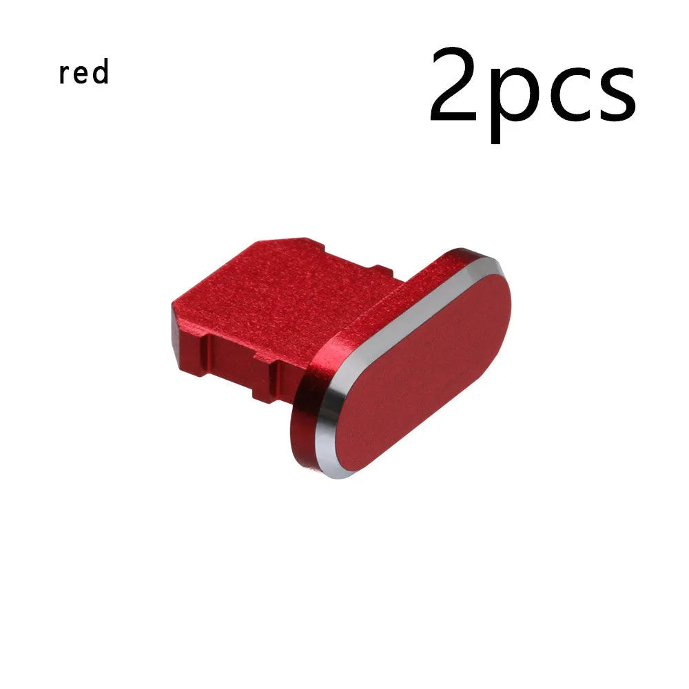 Aluminium alloy dust plug for iPhone charging port in various colours including gold, silver, and rose gold.