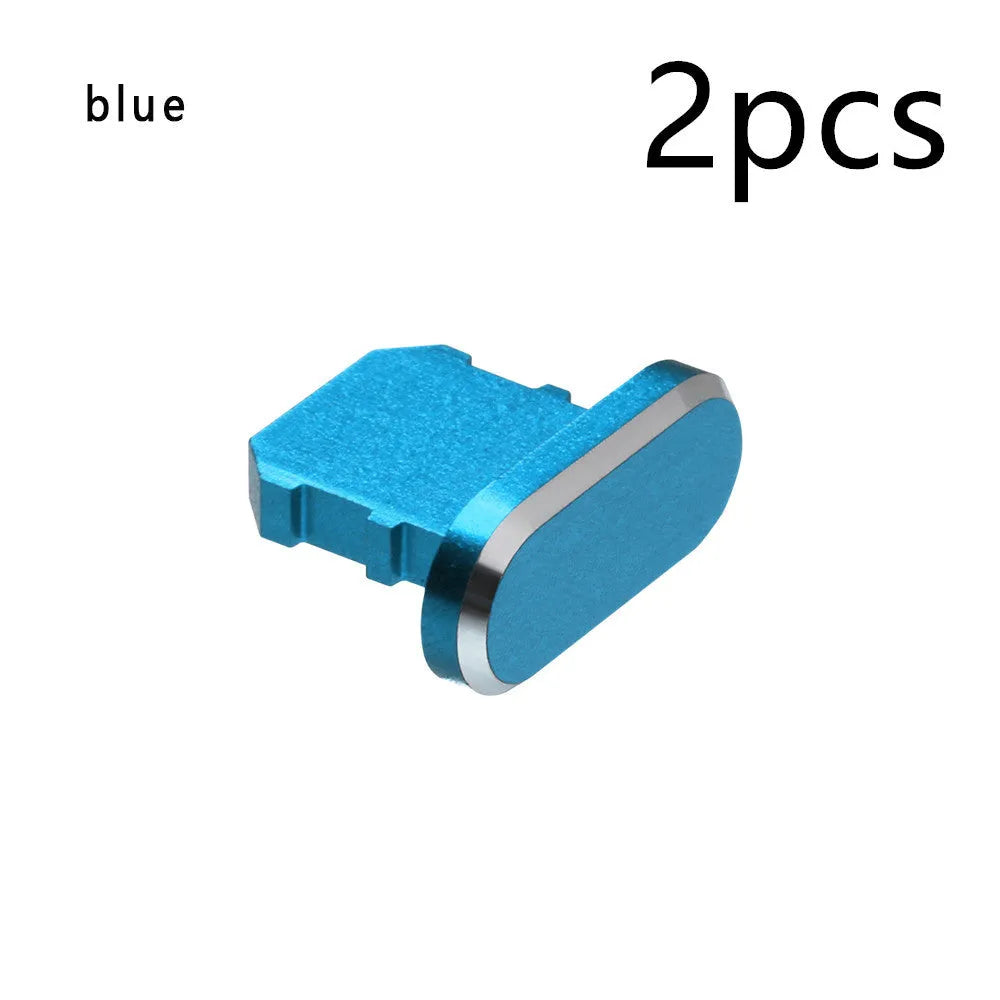 Aluminium alloy dust plug for iPhone charging port in various colours including gold, silver, and rose gold.