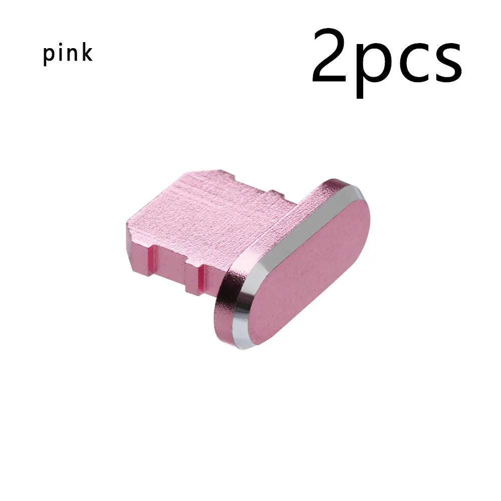 Aluminium alloy dust plug for iPhone charging port in various colours including gold, silver, and rose gold.