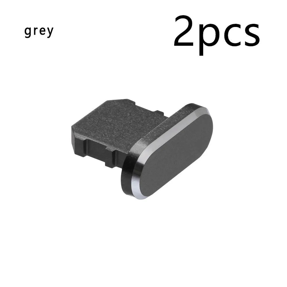 Aluminium alloy dust plug for iPhone charging port in various colours including gold, silver, and rose gold.
