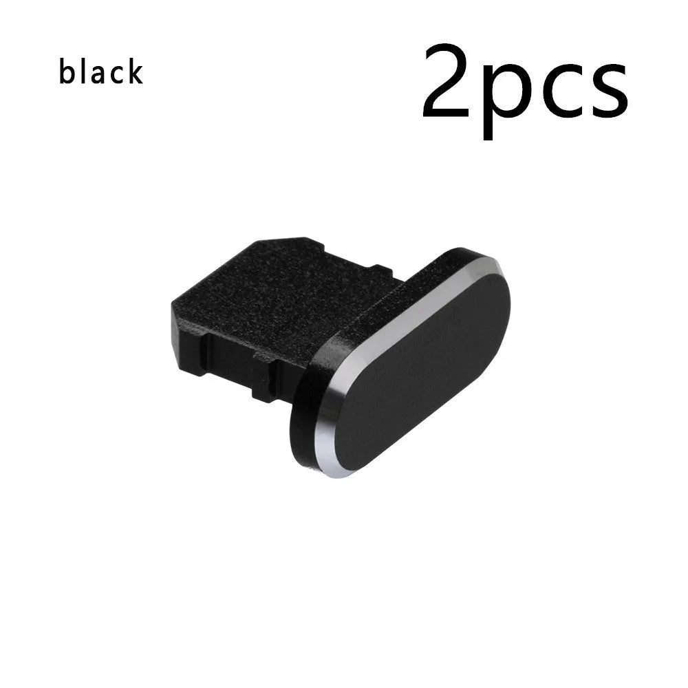Aluminium alloy dust plug for iPhone charging port in various colours including gold, silver, and rose gold.