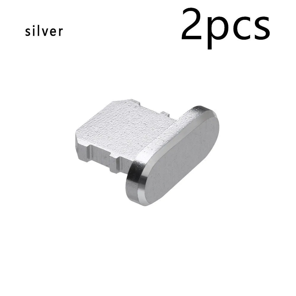 Aluminium alloy dust plug for iPhone charging port in various colours including gold, silver, and rose gold.
