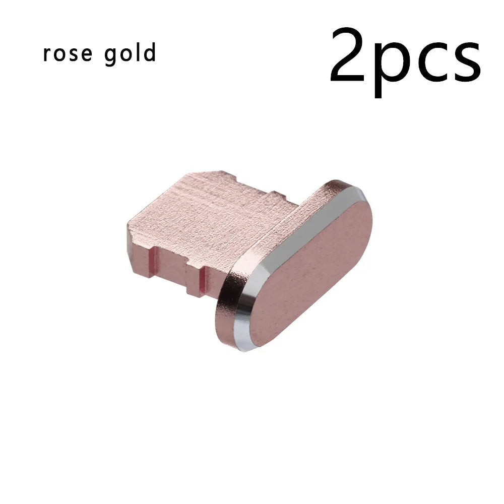 Aluminium alloy dust plug for iPhone charging port in various colours including gold, silver, and rose gold.