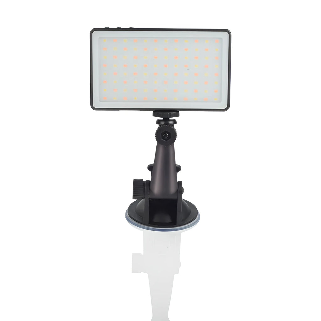 Black aluminium portable LED video light for laptop conferences shown with USB-C cable.