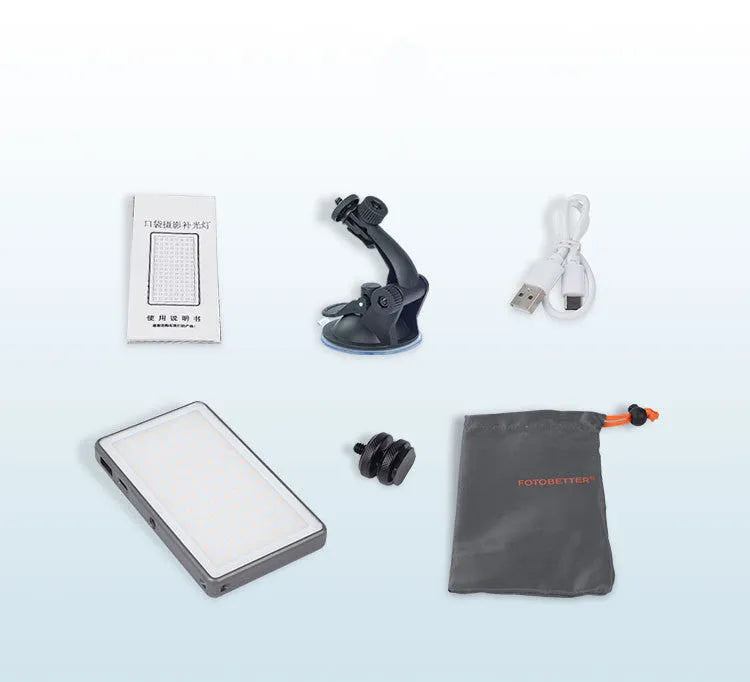 Black aluminium portable LED video light for laptop conferences shown with USB-C cable.