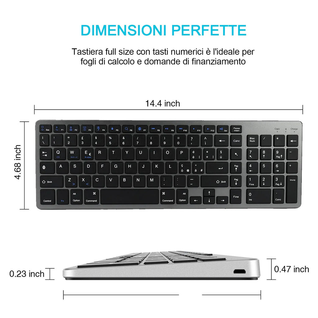 White ultra-thin universal Bluetooth keyboard with 104 keys shown next to a tablet