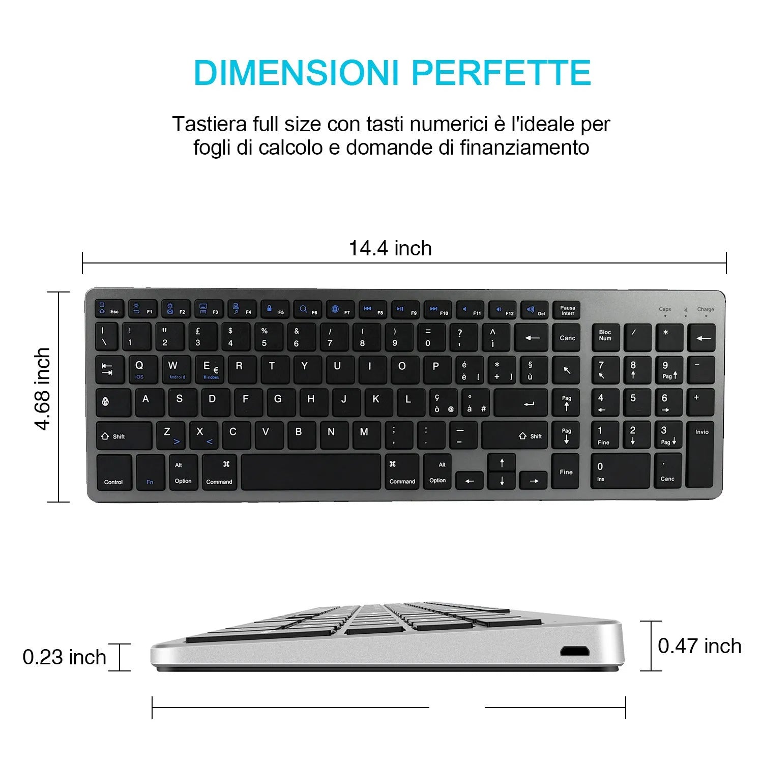 White ultra-thin universal Bluetooth keyboard with 104 keys shown next to a tablet