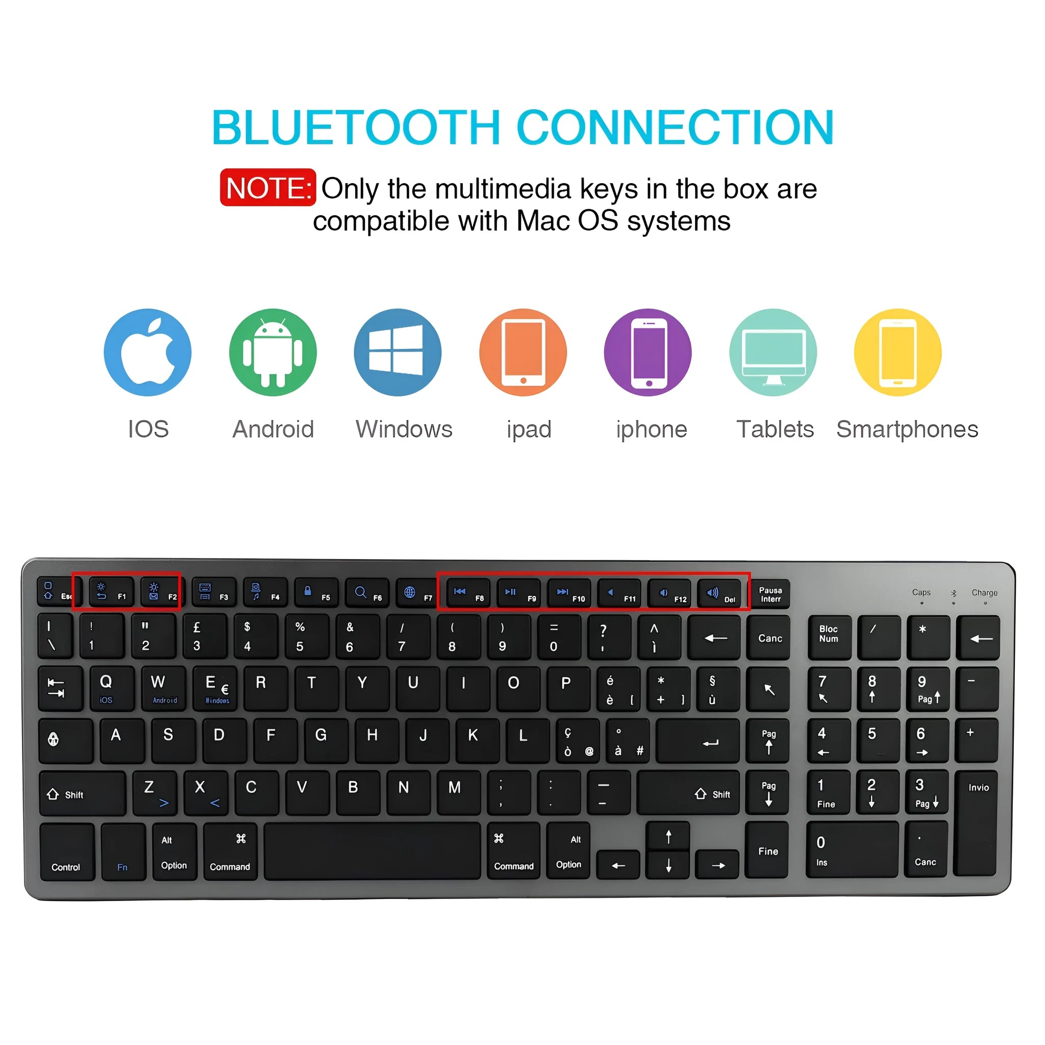 White ultra-thin universal Bluetooth keyboard with 104 keys shown next to a tablet
