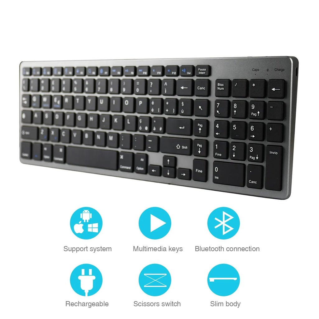 White ultra-thin universal Bluetooth keyboard with 104 keys shown next to a tablet