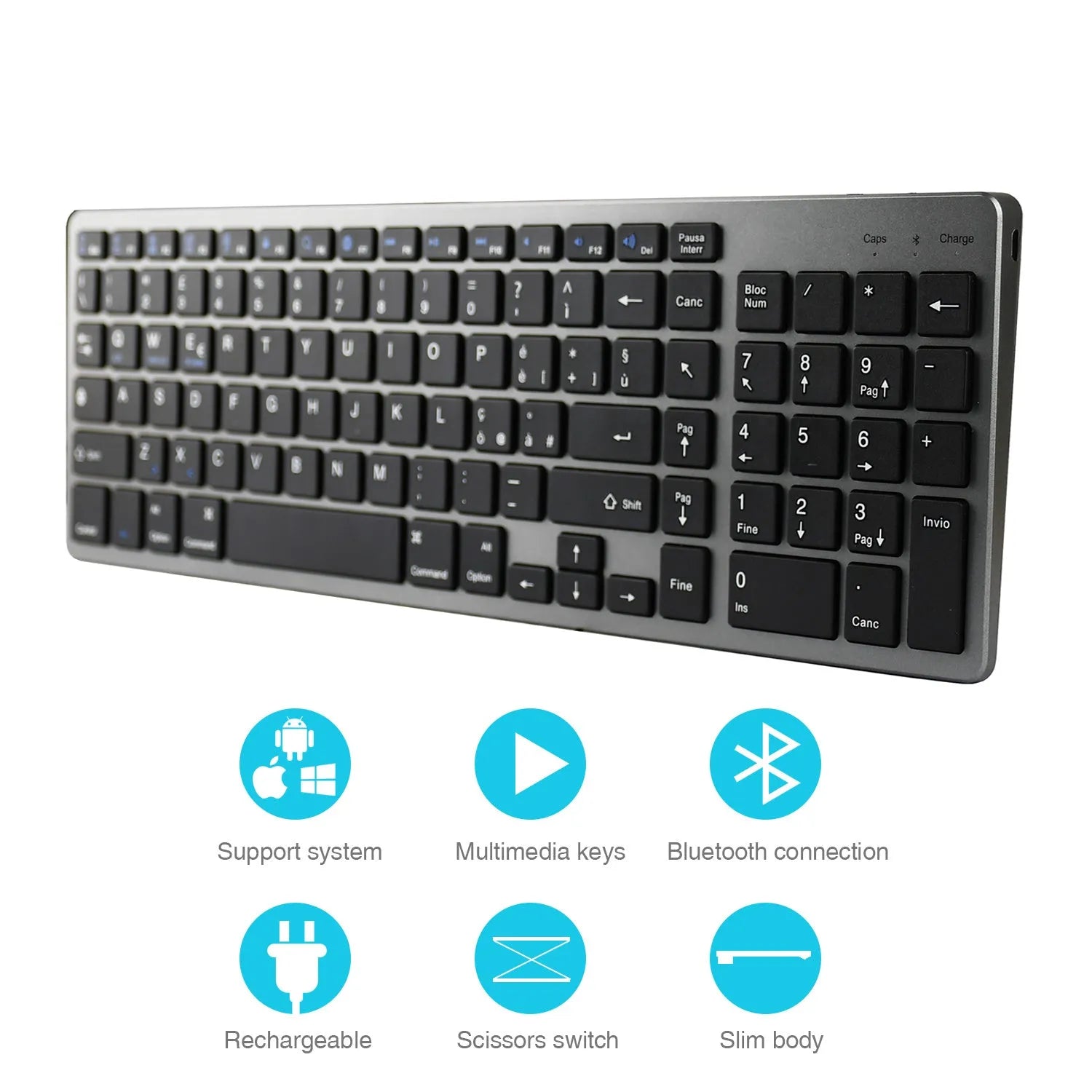 White ultra-thin universal Bluetooth keyboard with 104 keys shown next to a tablet