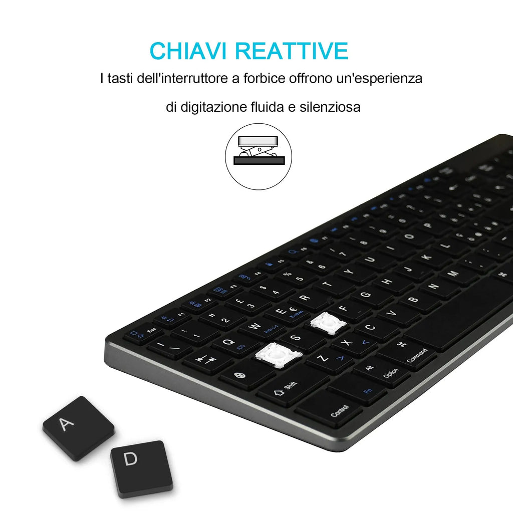 White ultra-thin universal Bluetooth keyboard with 104 keys shown next to a tablet