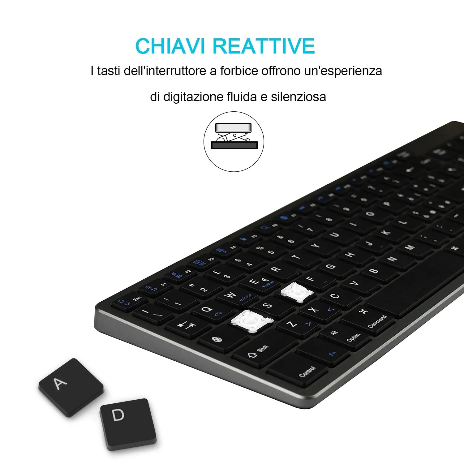 White ultra-thin universal Bluetooth keyboard with 104 keys shown next to a tablet