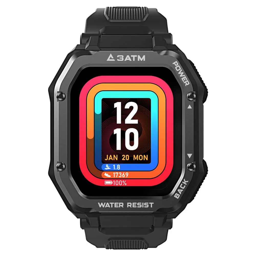 Army green outdoor smart watch with 1.69 inch screen showing sports mode display on silicone wristband