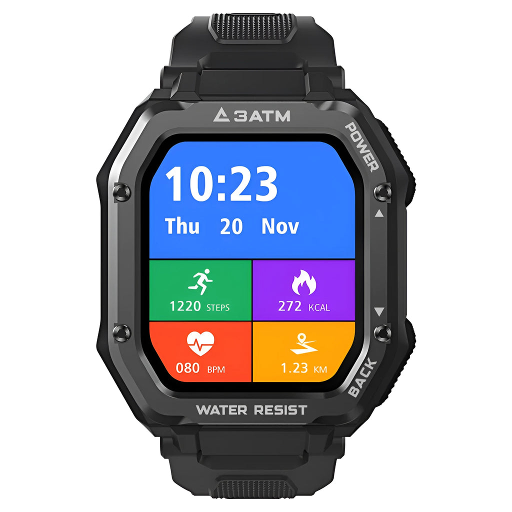 Army green outdoor smart watch with 1.69 inch screen showing sports mode display on silicone wristband