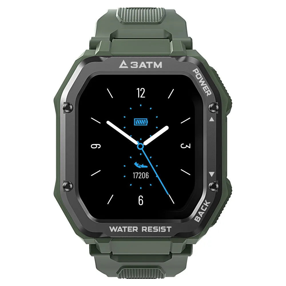Army green outdoor smart watch with 1.69 inch screen showing sports mode display on silicone wristband