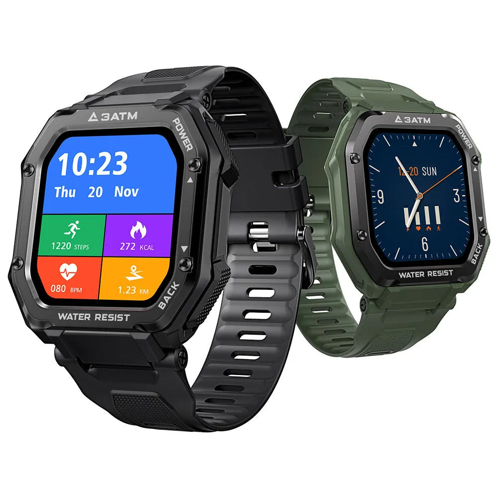 Army green outdoor smart watch with 1.69 inch screen showing sports mode display on silicone wristband