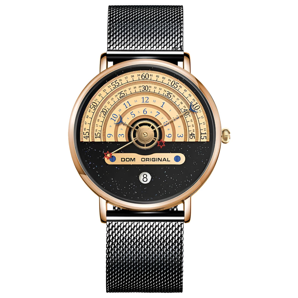 Creative men's sports watch with round alloy case, mineral glass, and stainless steel bracelet.