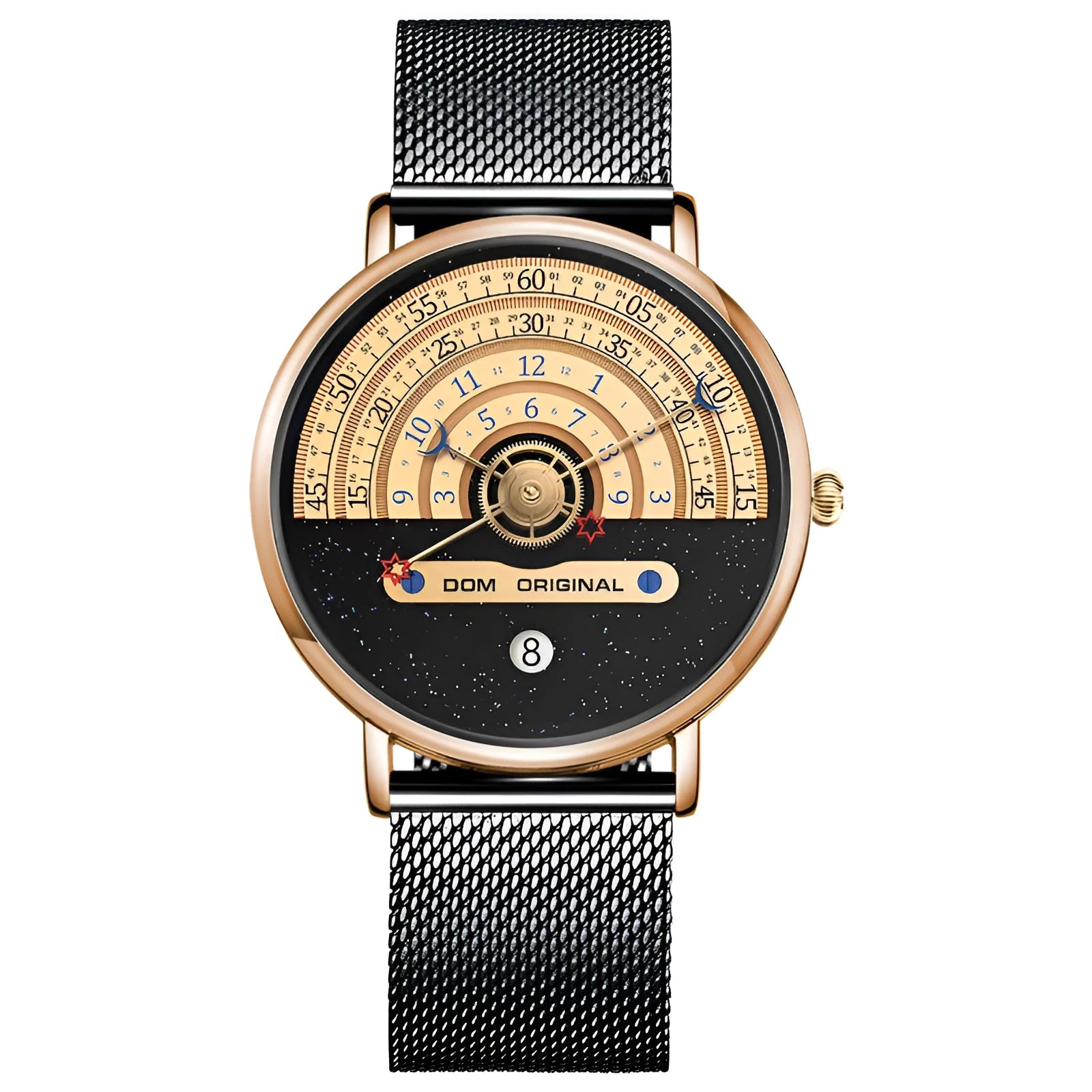 Creative men's sports watch with round alloy case, mineral glass, and stainless steel bracelet.