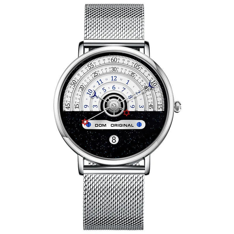 Creative men's sports watch with round alloy case, mineral glass, and stainless steel bracelet.