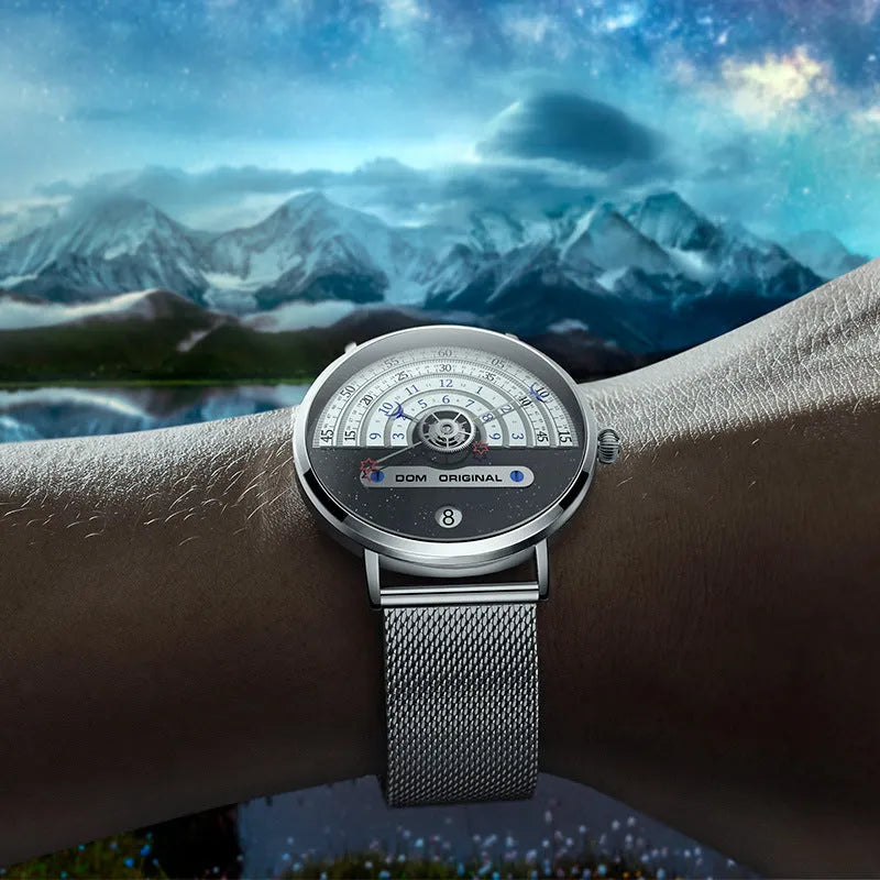 Creative men's sports watch with round alloy case, mineral glass, and stainless steel bracelet.