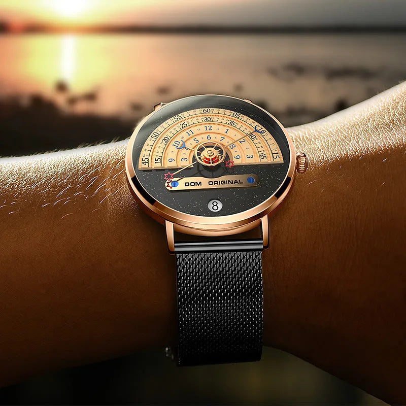 Creative men's sports watch with round alloy case, mineral glass, and stainless steel bracelet.