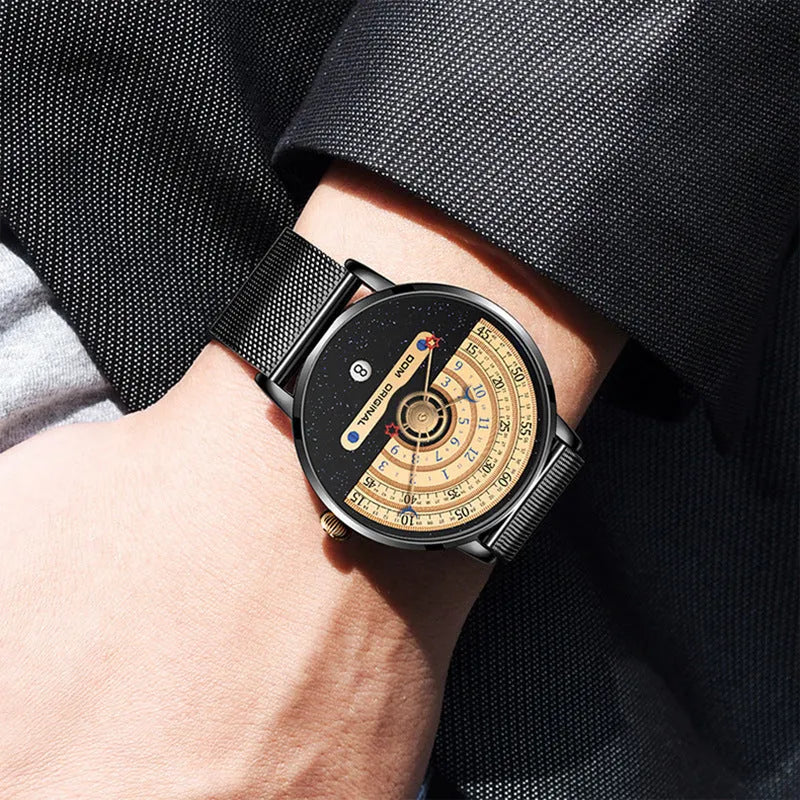 Creative men's sports watch with round alloy case, mineral glass, and stainless steel bracelet.