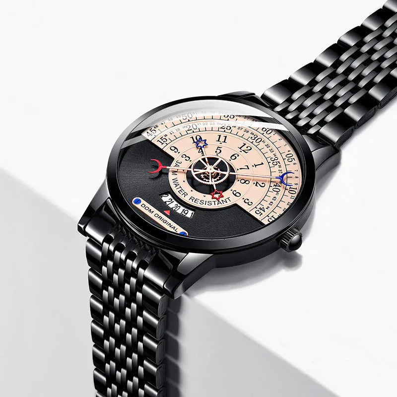 Creative men's sports watch with round alloy case, mineral glass, and stainless steel bracelet.