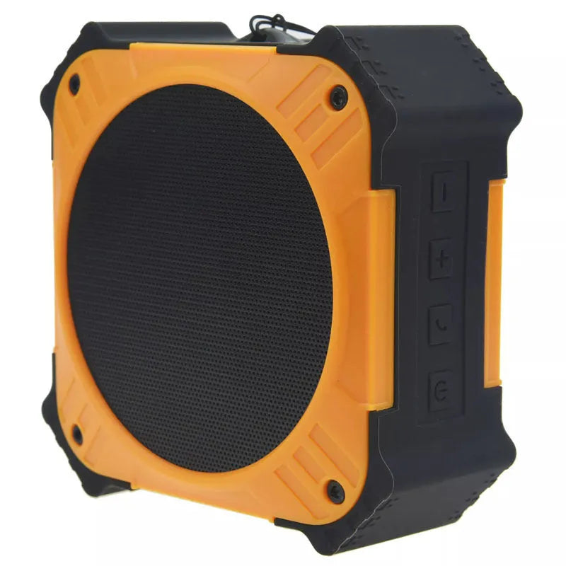 Compact black waterproof portable Bluetooth speaker with wrist strap showing dimensions 101x101x47mm