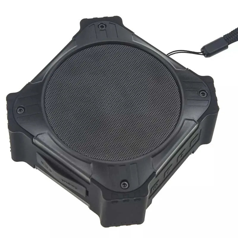 Compact black waterproof portable Bluetooth speaker with wrist strap showing dimensions 101x101x47mm