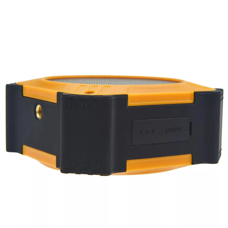 Compact black waterproof portable Bluetooth speaker with wrist strap showing dimensions 101x101x47mm