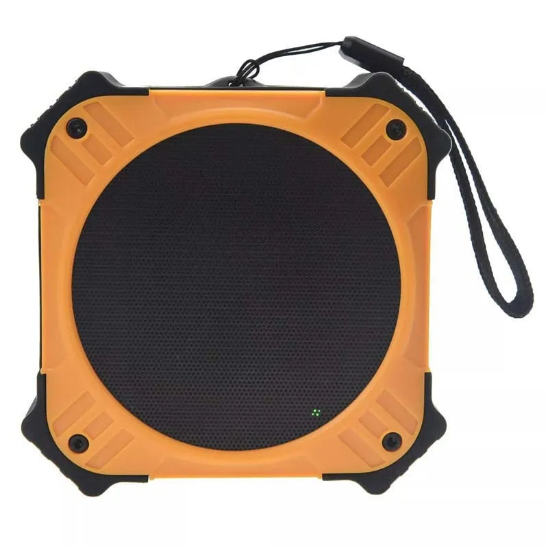 Compact black waterproof portable Bluetooth speaker with wrist strap showing dimensions 101x101x47mm